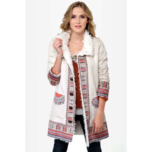 Billabong Zippora Jacket Size M Penny Lane Coat Shearling Trim Boho 70s Style - Picture 1 of 4